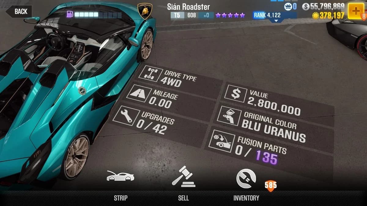 Lamborghini Sián Roadster CSR2 fusion parts and upgrade breakdown, tier 5 purple star car