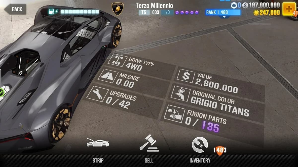 Lamborghini Terzo Millennio CSR2 fusion parts and upgrade breakdown, tier 5 purple star car