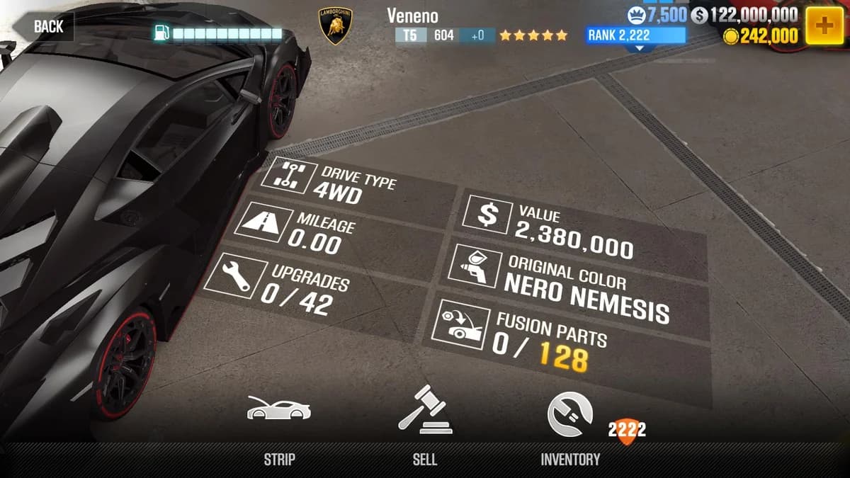 Lamborghini Veneno CSR2 fusion parts and upgrade breakdown, tier 5 gold star car