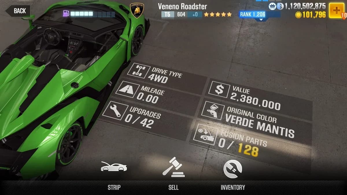 Lamborghini Veneno Roadster CSR2 fusion parts and upgrade breakdown, tier 5 gold star car