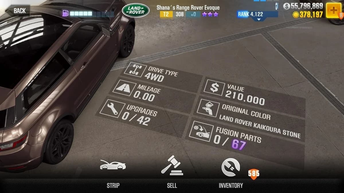 Shana's Land Rover Range Rover Evoque CSR2 fusion parts and upgrade breakdown, tier 2 purple star car