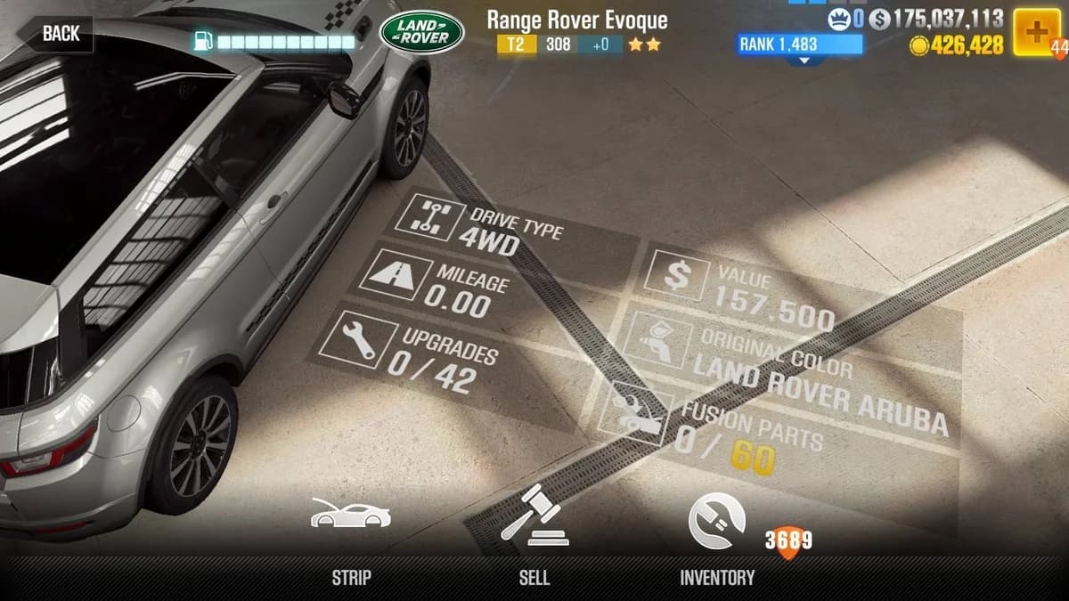 Land Rover Range Rover Evoque CSR2 fusion parts and upgrade breakdown, tier 2 gold star car