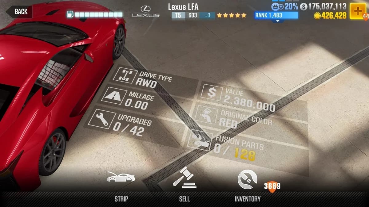 Lexus LFA CSR2 fusion parts and upgrade breakdown, tier 5 gold star car