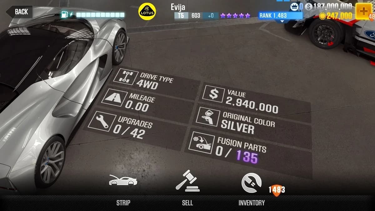 Lotus Evija (Blue) CSR2 fusion parts and upgrade breakdown, tier 5 purple star car