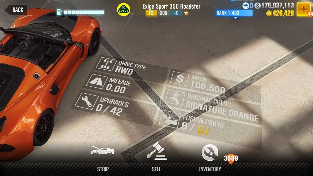 Lotus Exige Sport 350 Roadster CSR2 fusion parts and upgrade breakdown, tier 2 gold star car