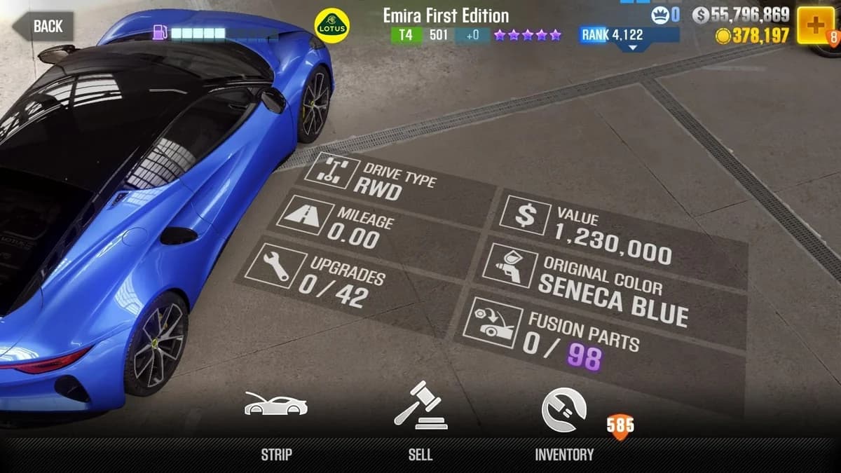 Lotus Emira First Edition CSR2 fusion parts and upgrade breakdown, tier 4 purple star car