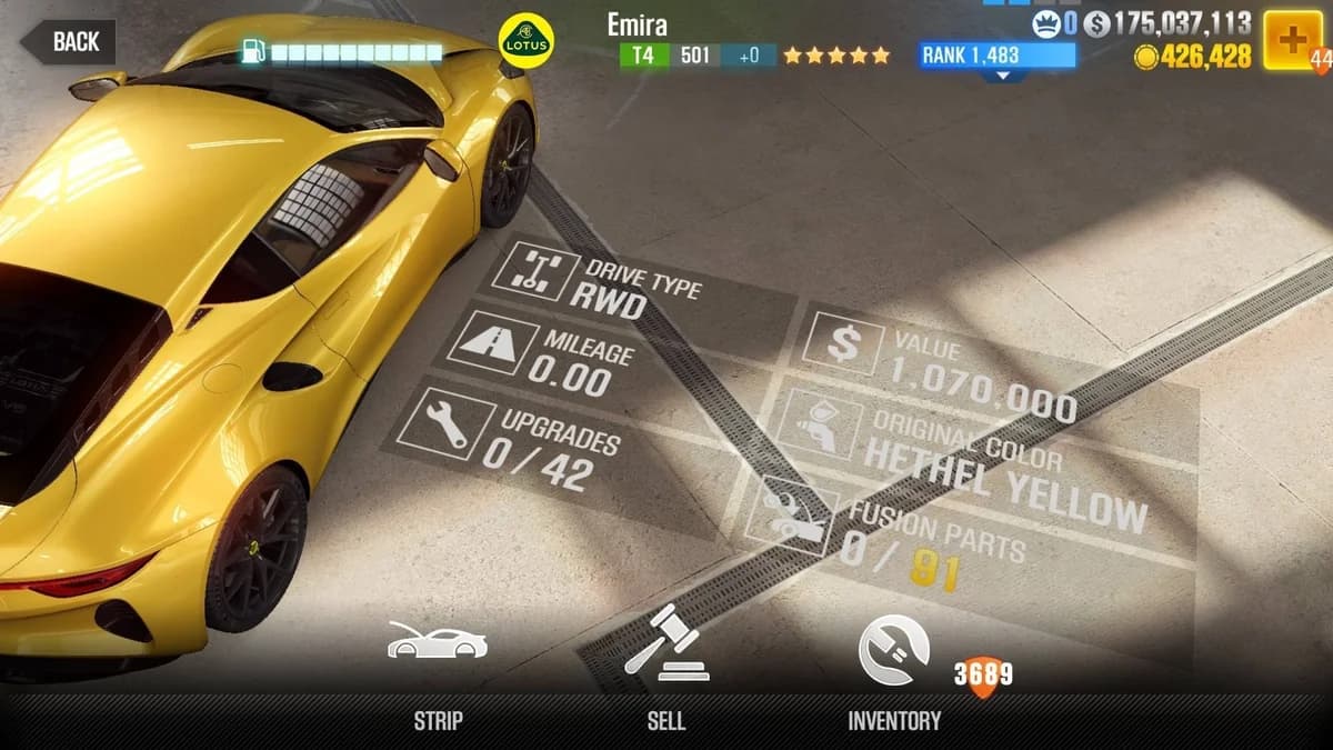 Lotus Emira CSR2 fusion parts and upgrade breakdown, tier 4 gold star car