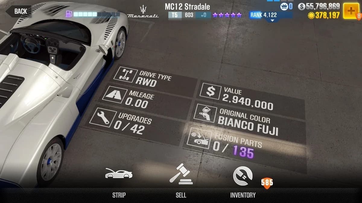 Maserati MC12 Stradale (White) CSR2 fusion parts and upgrade breakdown, tier 5 purple star car