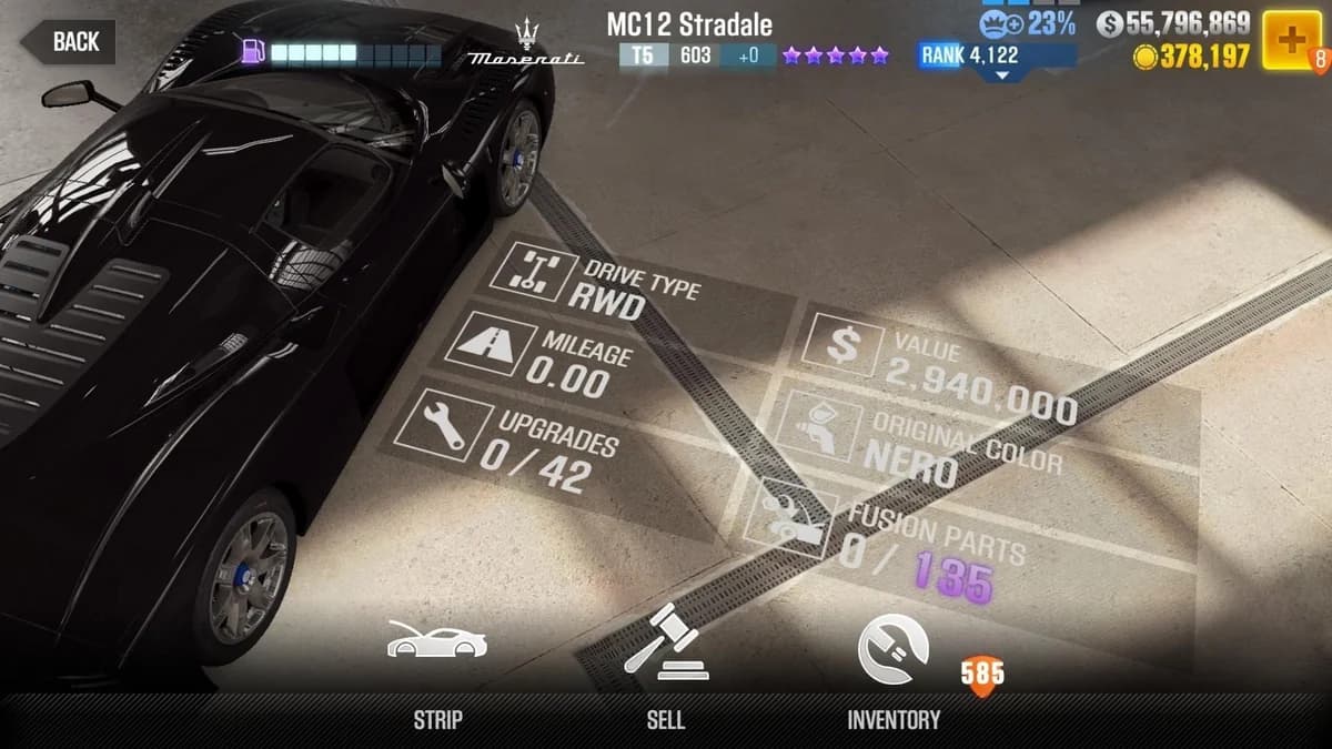 Maserati MC12 Stradale (Black) CSR2 fusion parts and upgrade breakdown, tier 5 purple star car