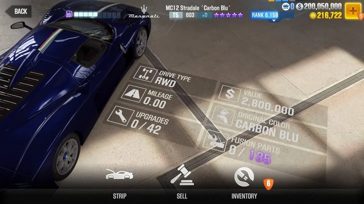 Maserati MC12 Stradale 'Carbon Blu' CSR2 fusion parts and upgrade breakdown, tier 5 purple star car