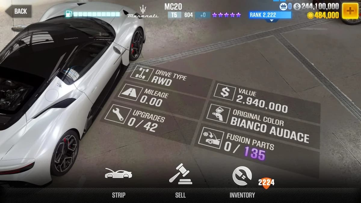 Maserati MC20 CSR2 fusion parts and upgrade breakdown, tier 5 purple star car