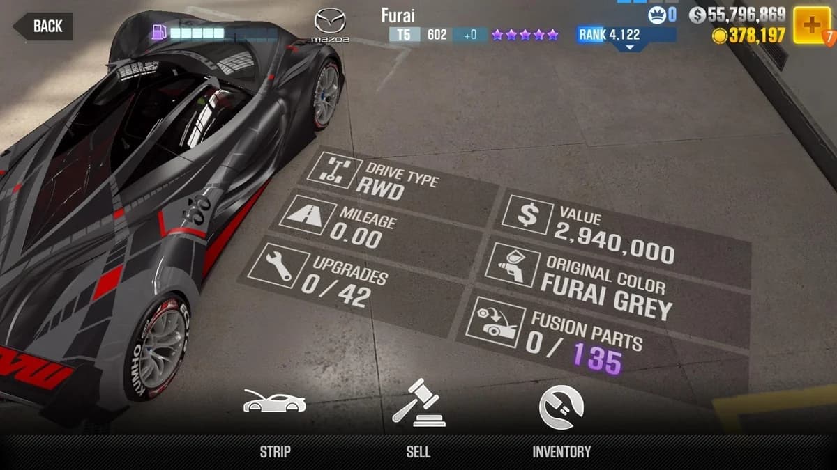 Mazda Furai CSR2 fusion parts and upgrade breakdown, tier 5 purple star car