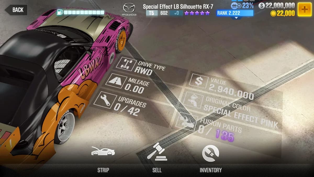 Mazda Special Effect LB Silhouette RX-7 CSR2 fusion parts and upgrade breakdown, tier 5 purple star car