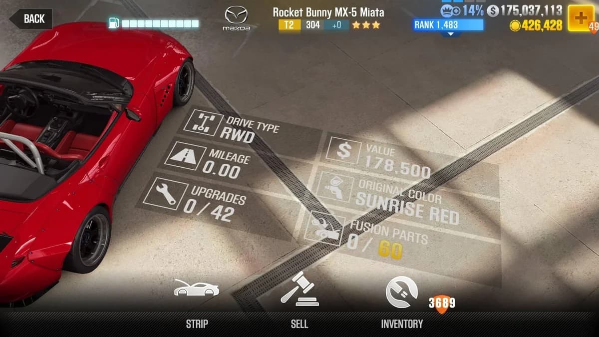 Mazda Rocket Bunny MX-5 Miata CSR2 fusion parts and upgrade breakdown, tier 2 gold star car