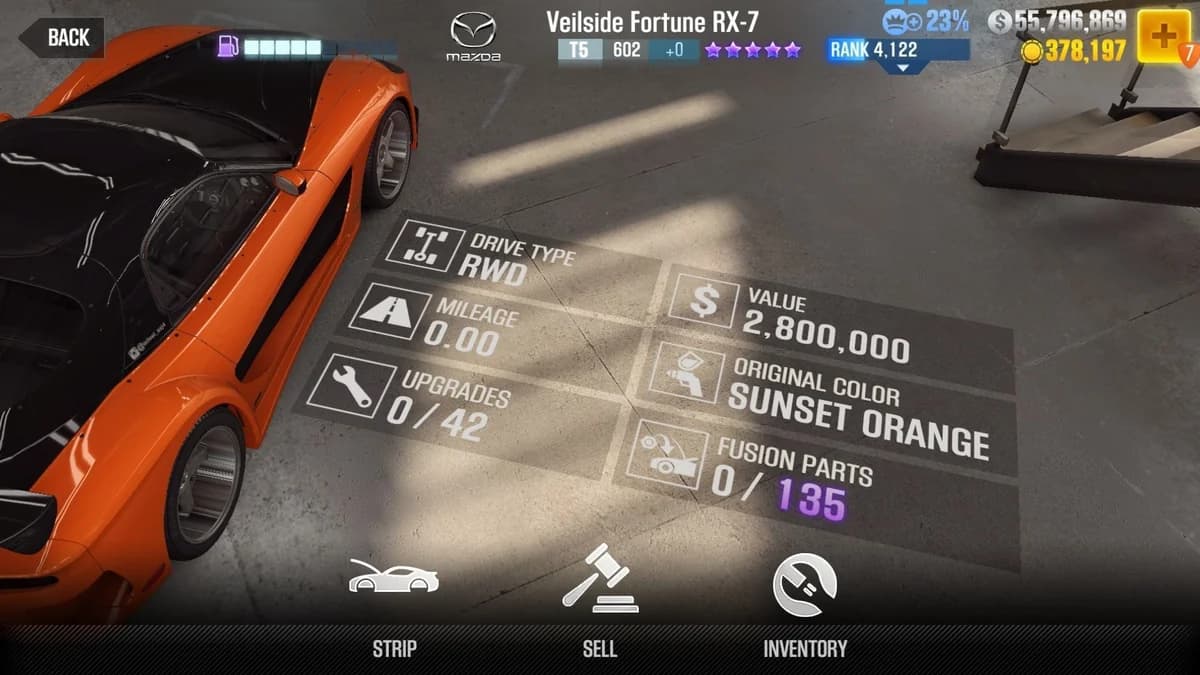 Mazda LB Silhouette RX-7 CSR2 fusion parts and upgrade breakdown, tier 5 purple star car