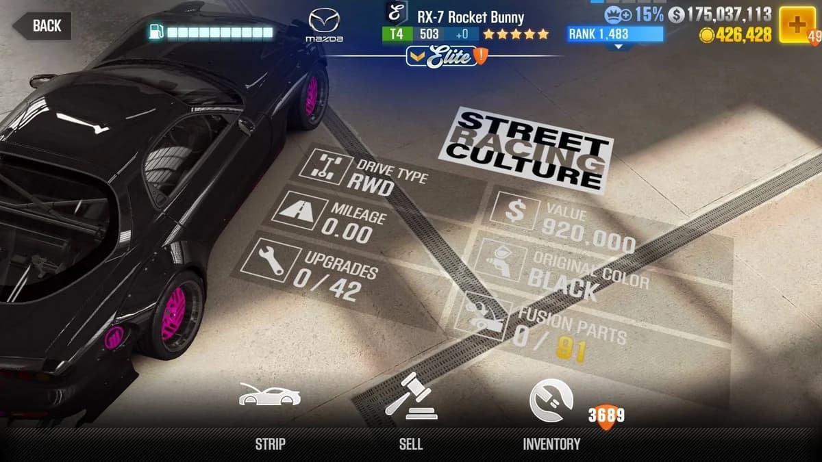 Mazda RX-7 Rocket Bunny (Easter I) CSR2 fusion parts and upgrade breakdown, tier 4 purple star car