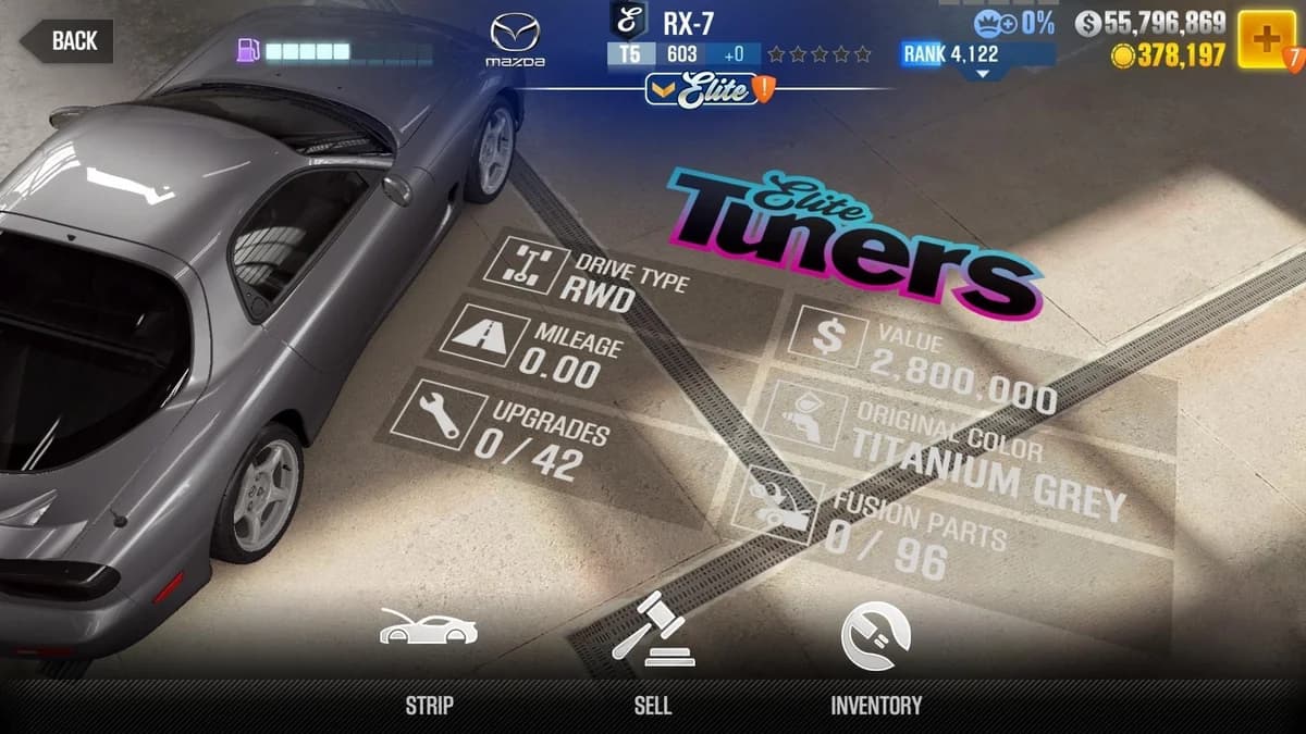 Mazda RX-7 (E.C. Level 0) CSR2 fusion parts and upgrade breakdown, tier 5 purple star car