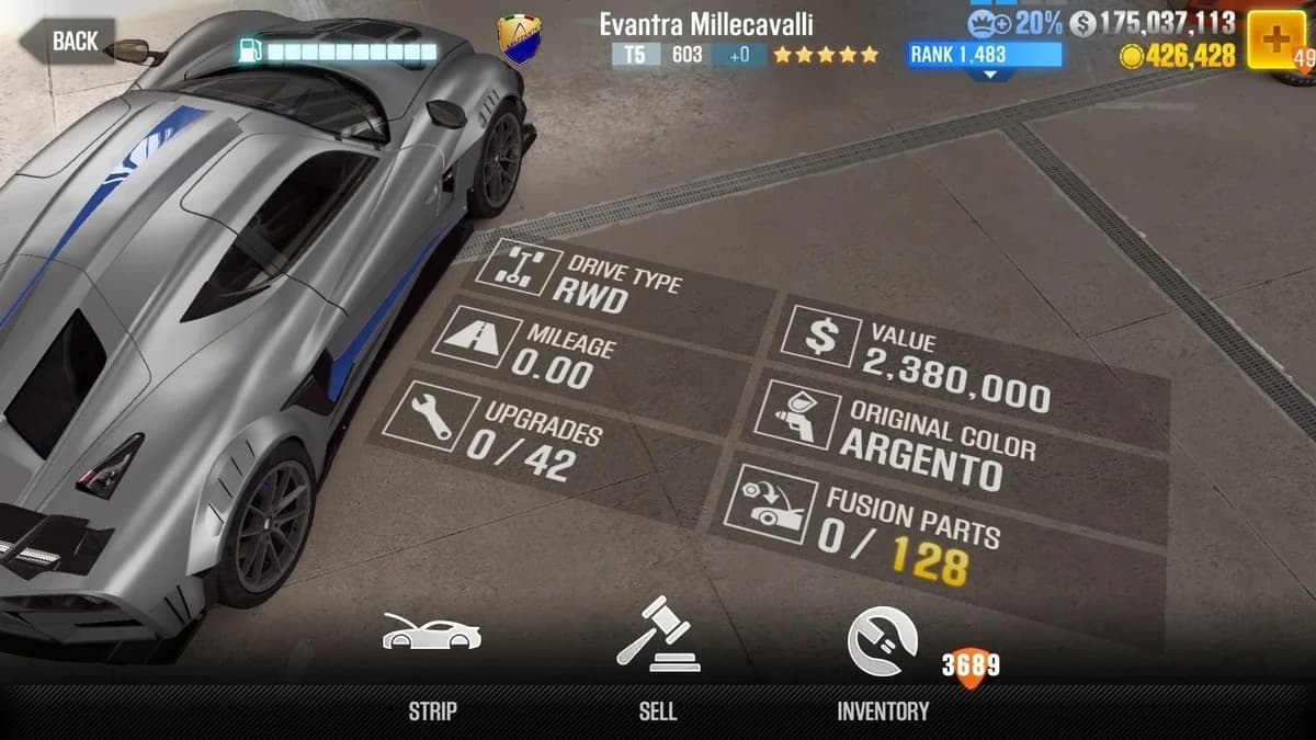 Mazzanti Evantra Millecavalli CSR2 fusion parts and upgrade breakdown, tier 5 gold star car