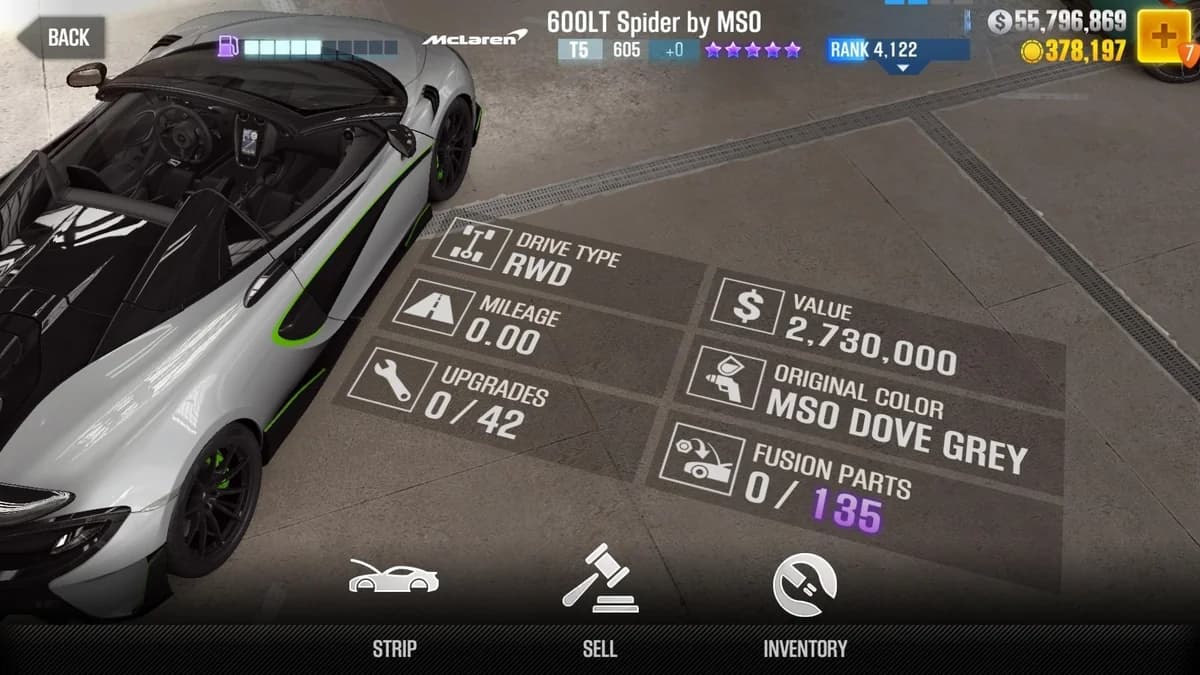 McLaren 600LT Spider by MSO CSR2 fusion parts and upgrade breakdown, tier 5 purple star car