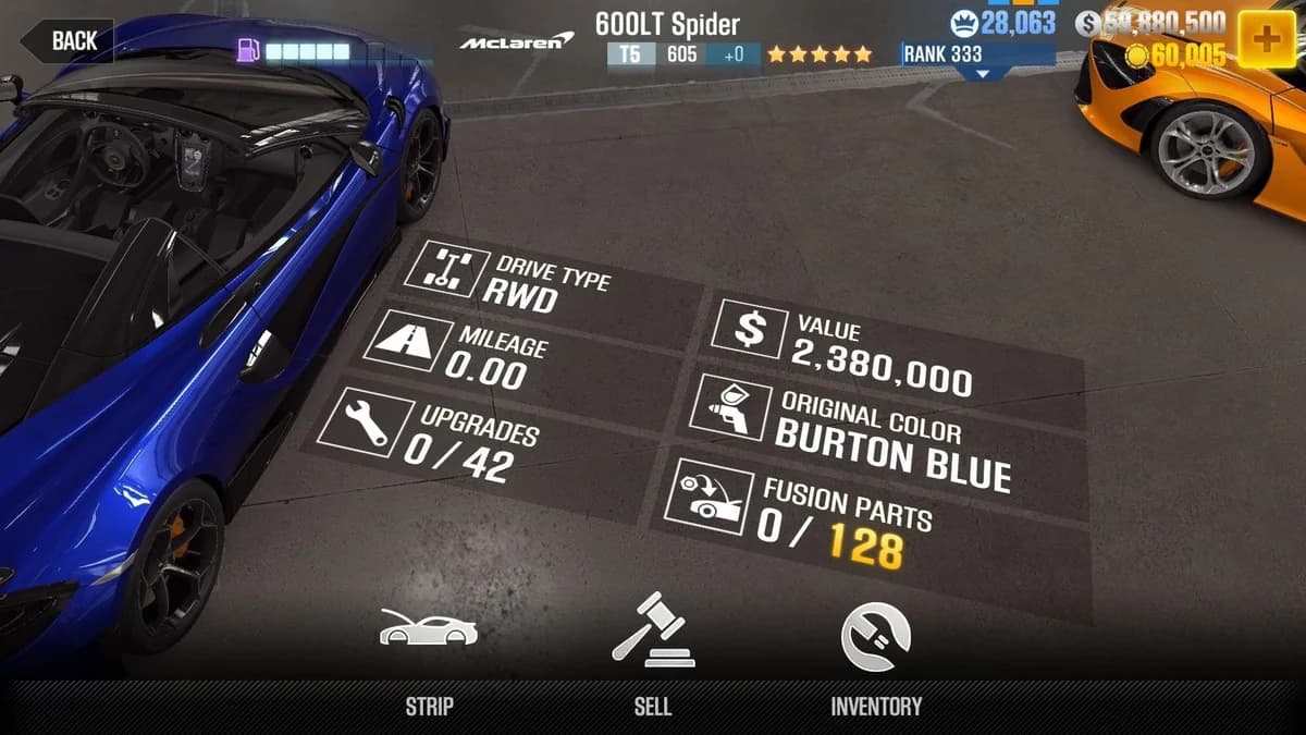 McLaren 600LT Spider CSR2 fusion parts and upgrade breakdown, tier 5 gold star car