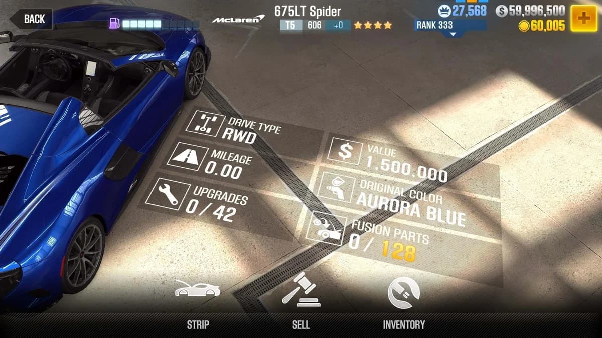 McLaren 675LT Spider CSR2 fusion parts and upgrade breakdown, tier 5 gold star car
