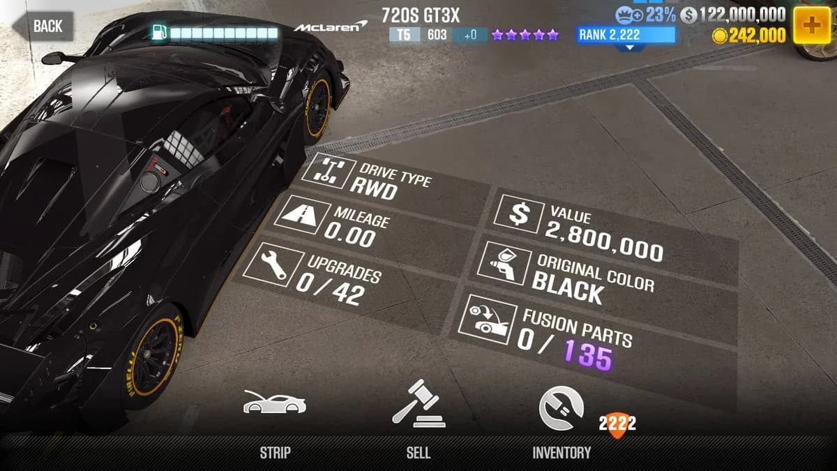 McLaren 720S GT3X CSR2 fusion parts and upgrade breakdown, tier 5 purple star car