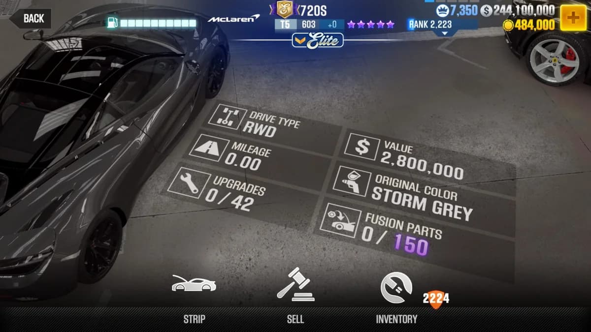 McLaren 720S (E.C. Level 0) CSR2 fusion parts and upgrade breakdown, tier 5 purple star car