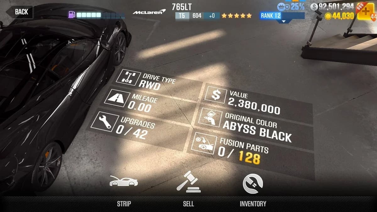 McLaren 765LT Spider CSR2 fusion parts and upgrade breakdown, tier 5 gold star car