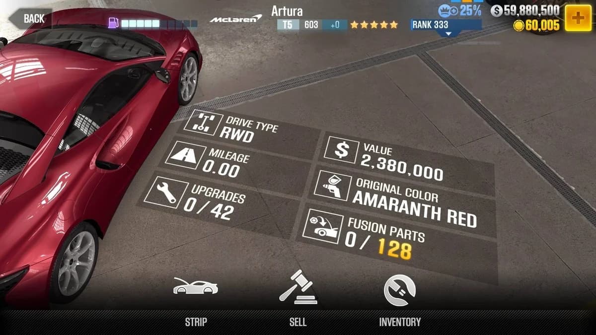 McLaren Artura Spider CSR2 fusion parts and upgrade breakdown, tier 5 gold star car