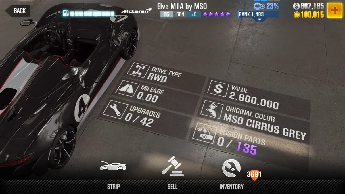 McLaren 2020 Elva M1A by MSO CSR2 fusion parts and upgrade breakdown, tier 5 purple star car
