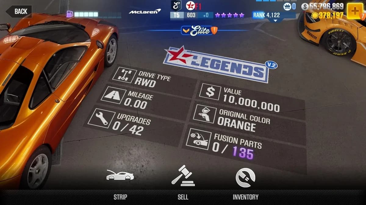 McLaren F1 (E.C. Level 0) CSR2 fusion parts and upgrade breakdown, tier 5 purple star car