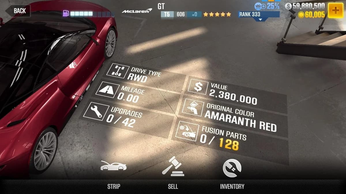 McLaren GT CSR2 fusion parts and upgrade breakdown, tier 5 purple star car