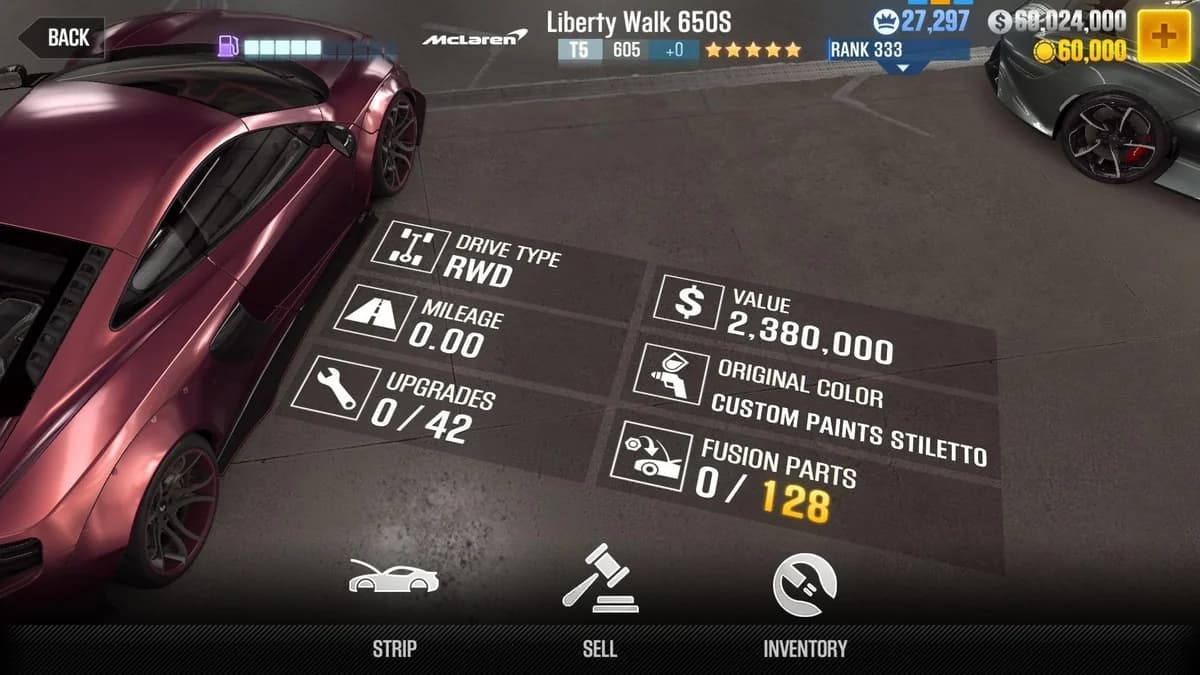 McLaren Liberty Walk 650S (Evo) CSR2 fusion parts and upgrade breakdown, tier 5 purple star car