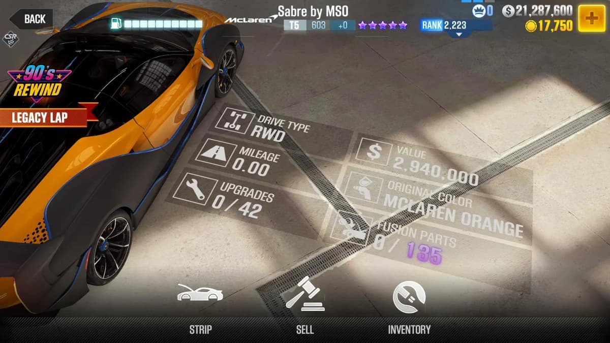 McLaren Sabre by MSO CSR2 fusion parts and upgrade breakdown, tier 5 purple star car