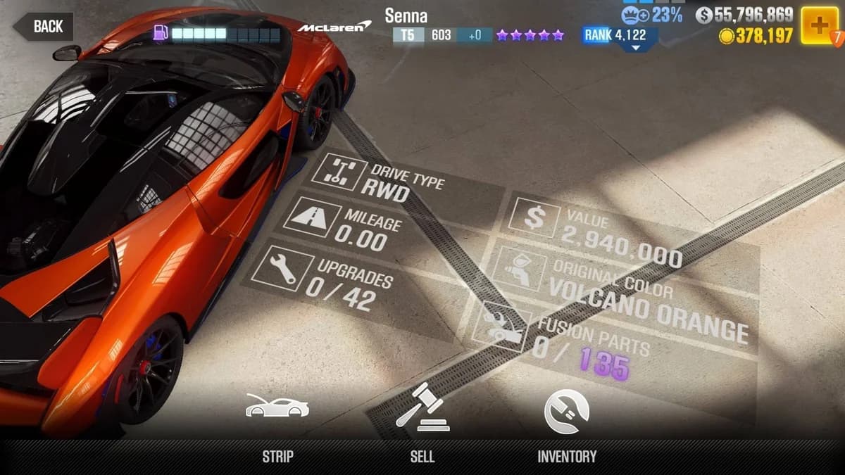 McLaren Senna GOSH Edition CSR2 fusion parts and upgrade breakdown, tier 5 purple star car