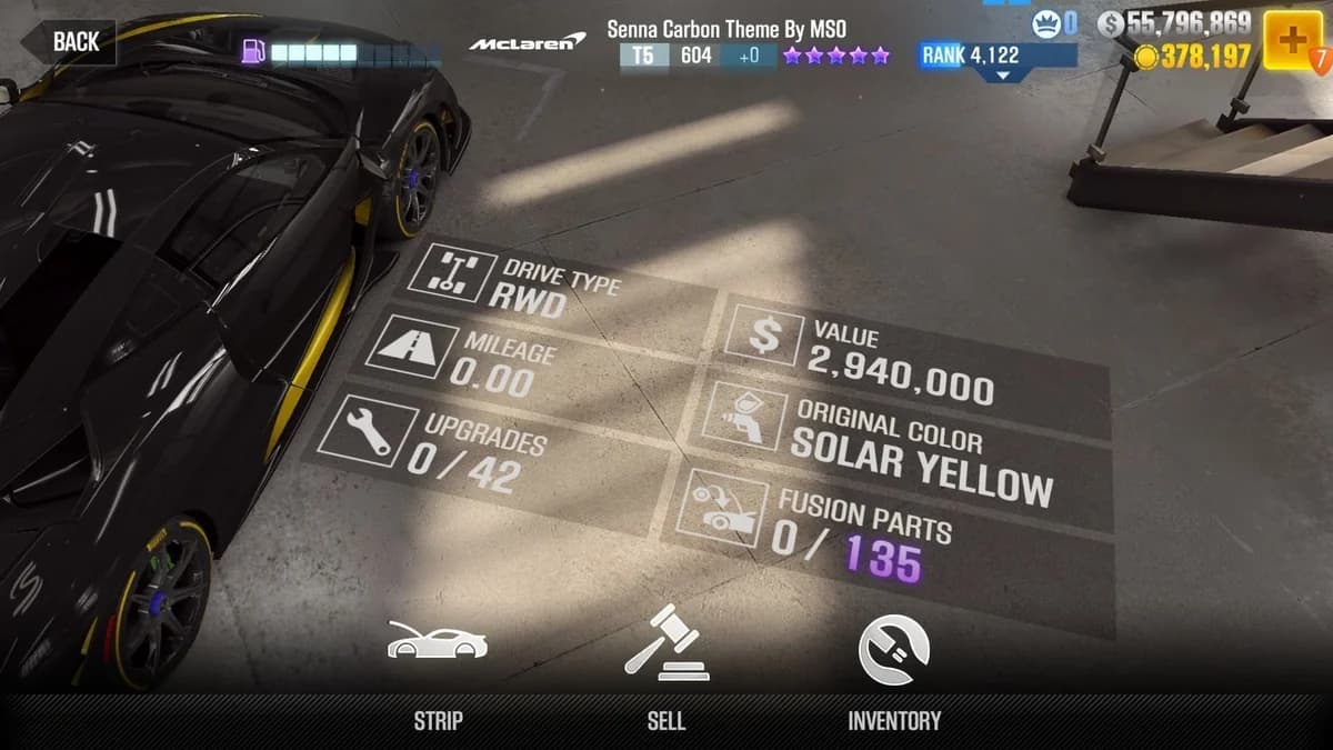 McLaren Senna Carbon Theme By MSO CSR2 fusion parts and upgrade breakdown, tier 5 purple star car