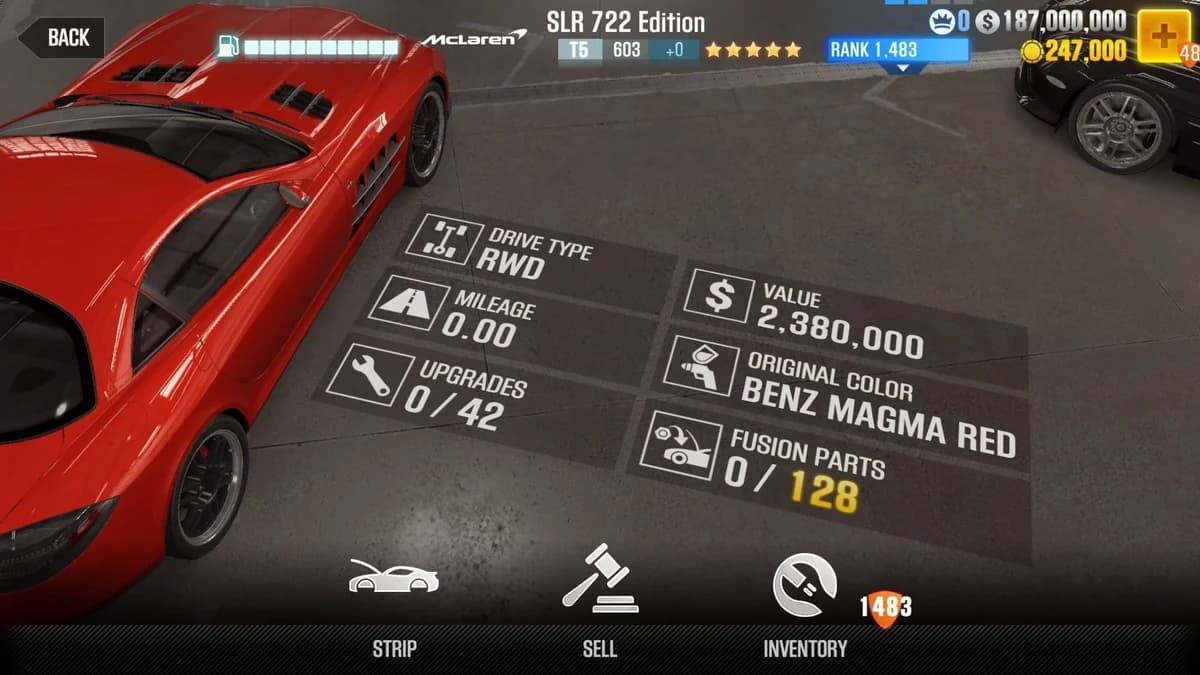 McLaren SLR 722 Edition CSR2 fusion parts and upgrade breakdown, tier 5 gold star car