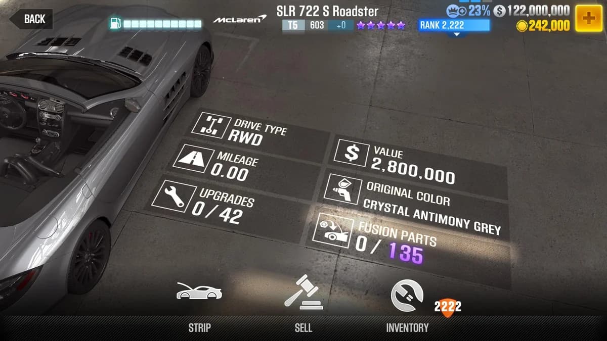 McLaren SLR 722 S Roadster CSR2 fusion parts and upgrade breakdown, tier 5 purple star car