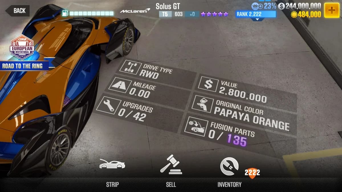 McLaren Solus GT CSR2 fusion parts and upgrade breakdown, tier 5 purple star car