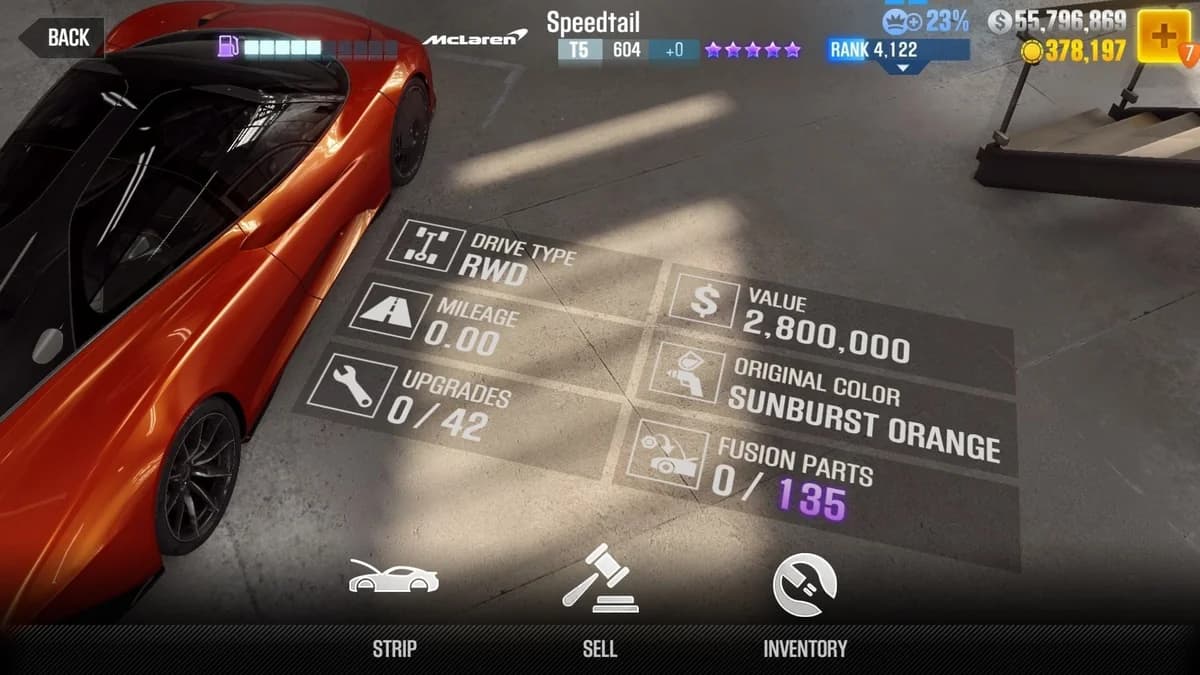McLaren Speedtail (Orange) CSR2 fusion parts and upgrade breakdown, tier 5 purple star car