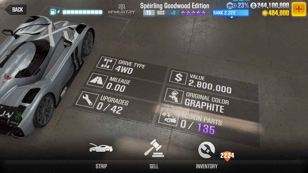 McMurtry Speirling Goodwood Edition CSR2 fusion parts and upgrade breakdown, tier 5 purple star car