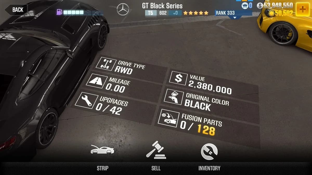 Mercedes-AMG GT Black Series CSR2 fusion parts and upgrade breakdown, tier 5 purple star car