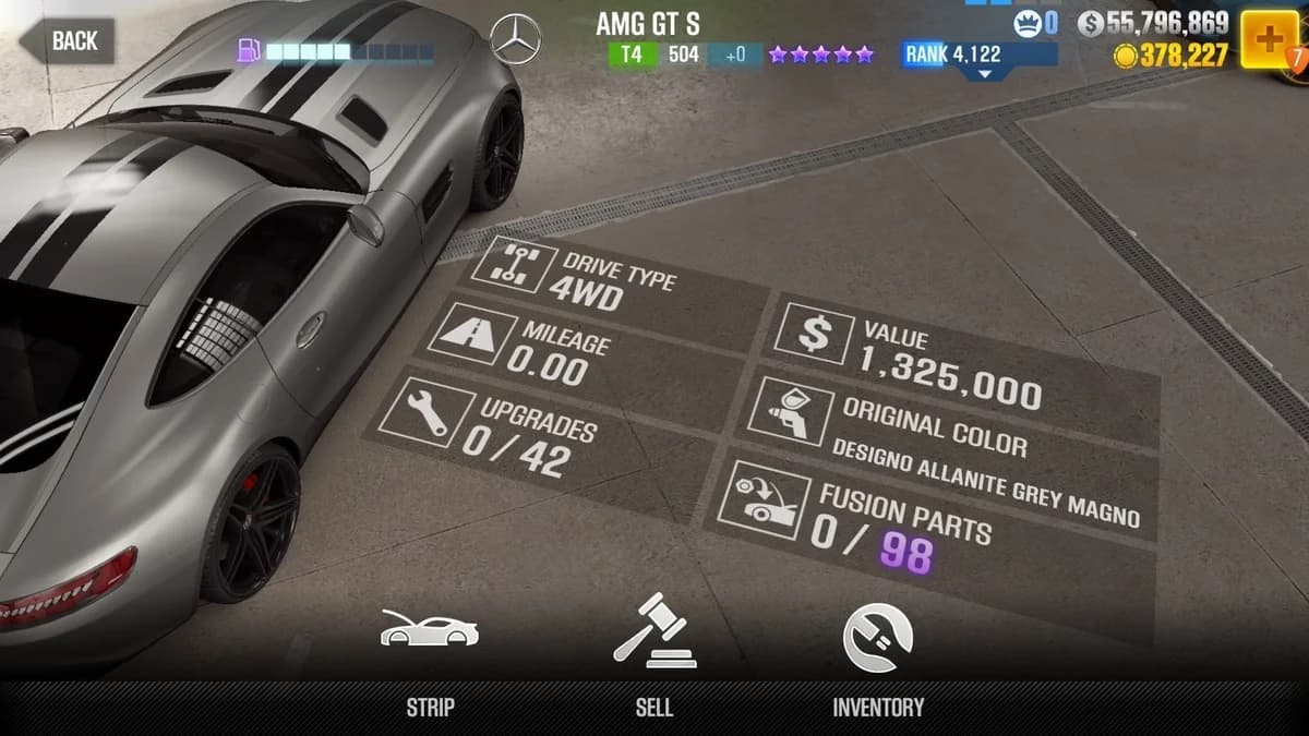 Tej's Mercedes-AMG GT S (FnF) CSR2 fusion parts and upgrade breakdown, tier 4 purple star car