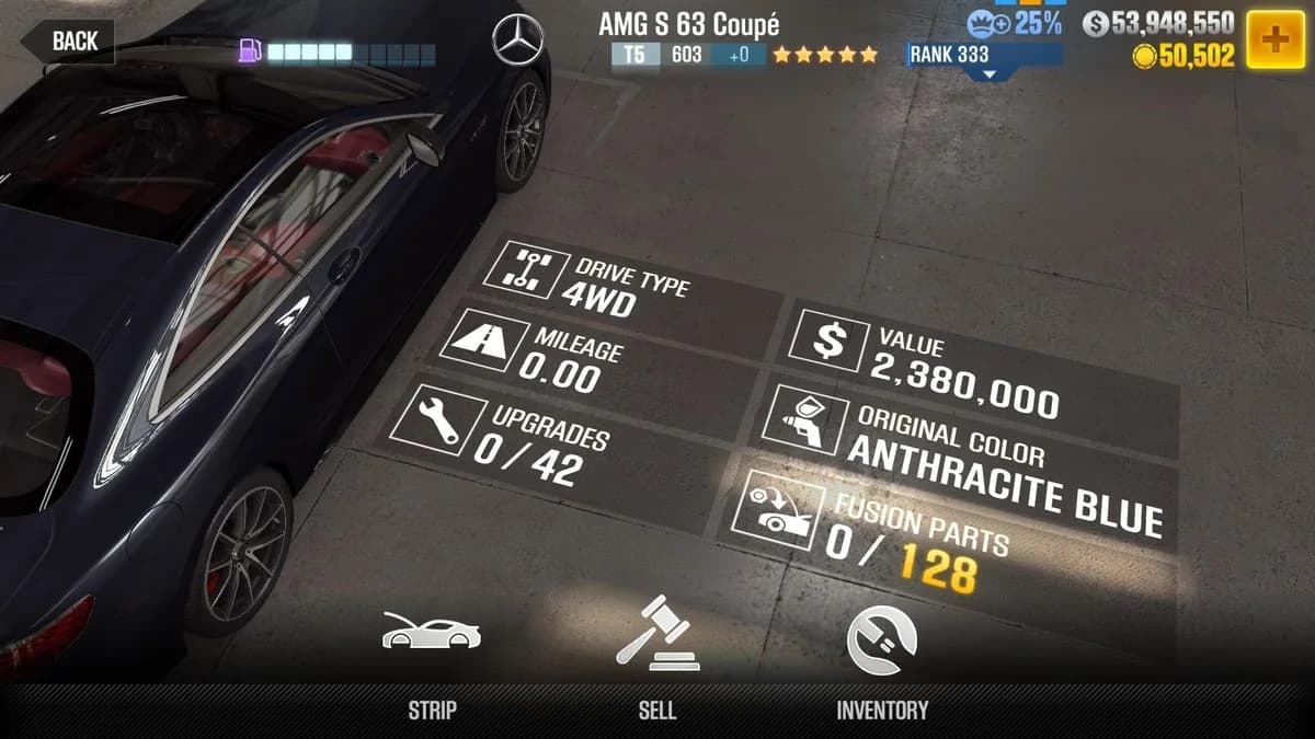 Mercedes-AMG S 63 Coupe CSR2 fusion parts and upgrade breakdown, tier 5 purple star car
