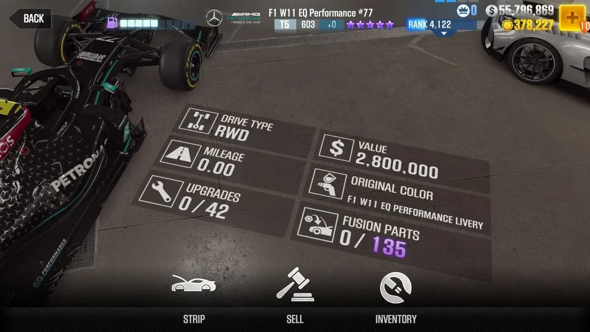 Mercedes-AMG F1 W11 EQ Performance #77 CSR2 fusion parts and upgrade breakdown, tier 5 purple star car