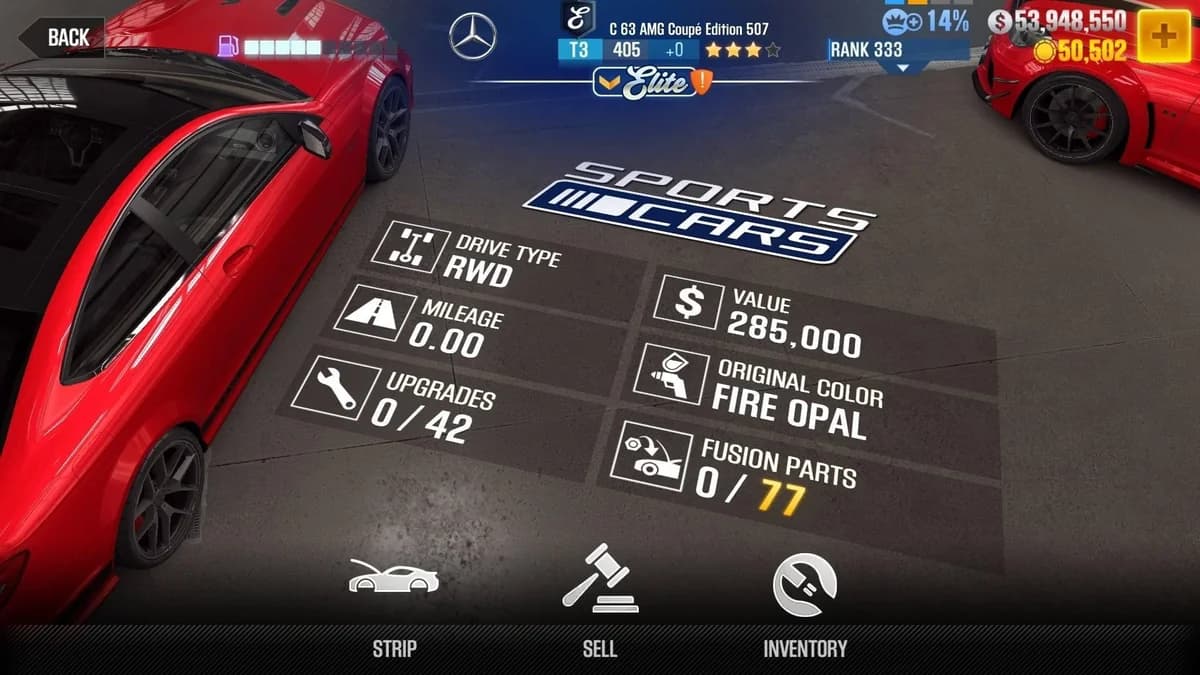 Mercedes-Benz C 63 AMG Coupe Edition 507 (E.C. Level 0) CSR2 fusion parts and upgrade breakdown, tier 3 gold star car