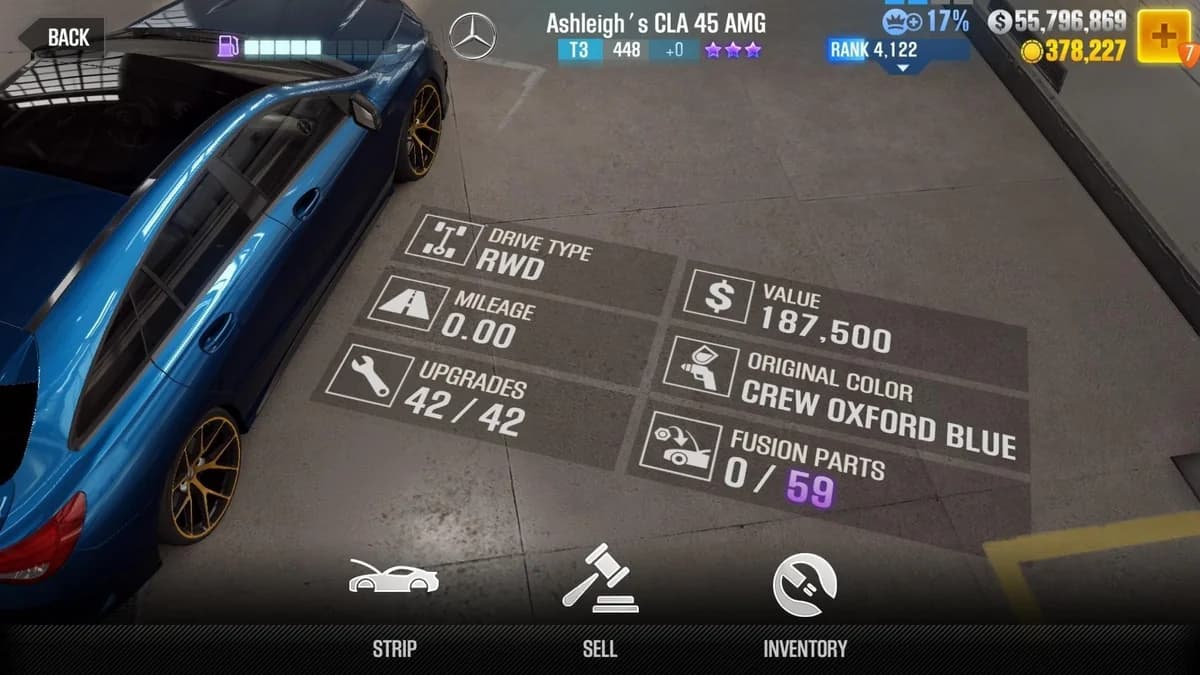 Ashleigh's Mercedes-Benz CLA 45 AMG CSR2 fusion parts and upgrade breakdown, tier 3 purple star car
