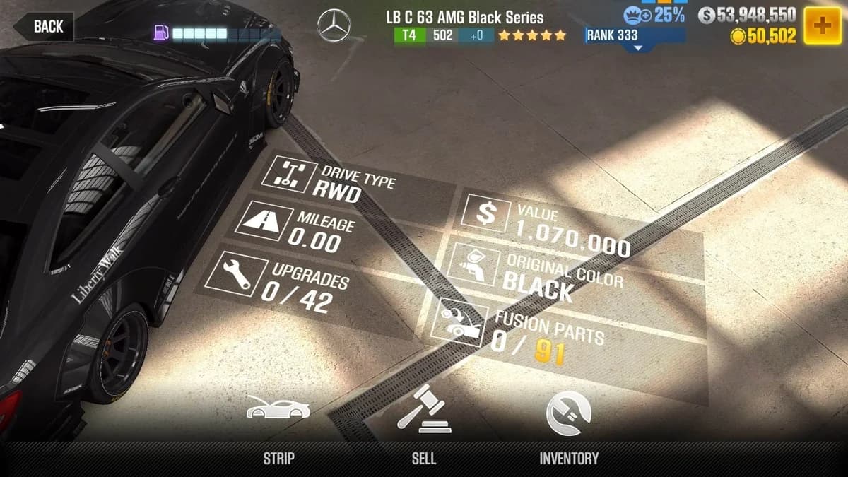 Mercedes-Benz LB C 63 AMG Black Series CSR2 fusion parts and upgrade breakdown, tier 4 gold star car