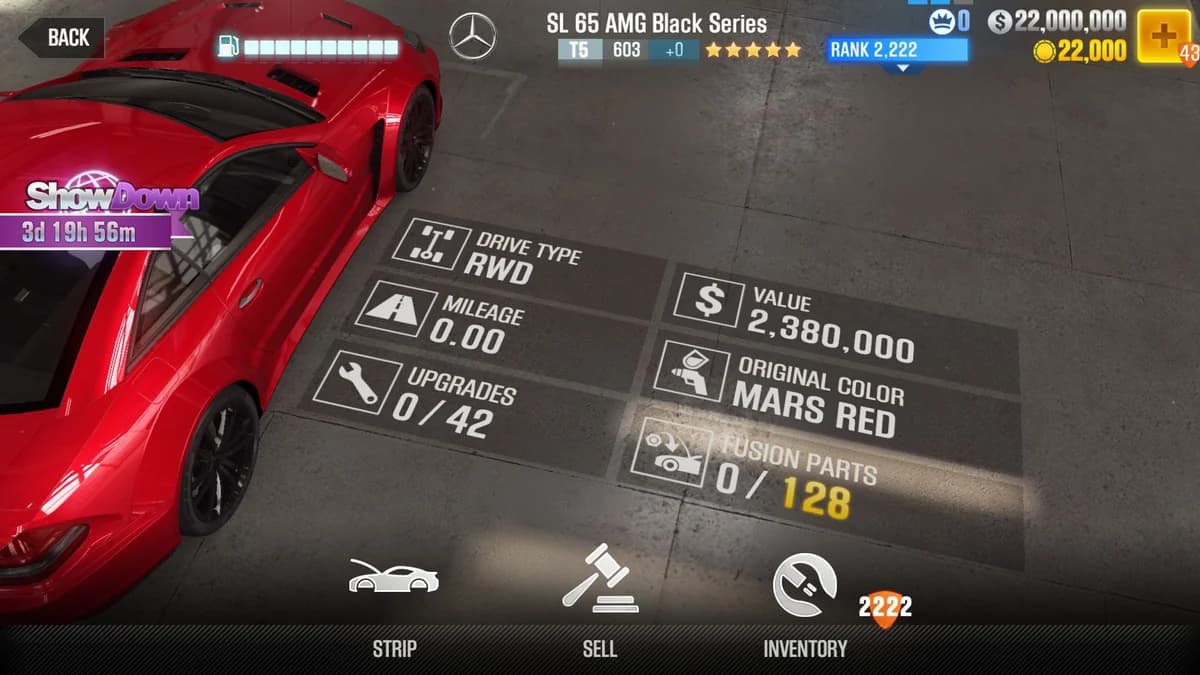 Mercedes-Benz SL 65 AMG Black Series CSR2 fusion parts and upgrade breakdown, tier 5 gold star car