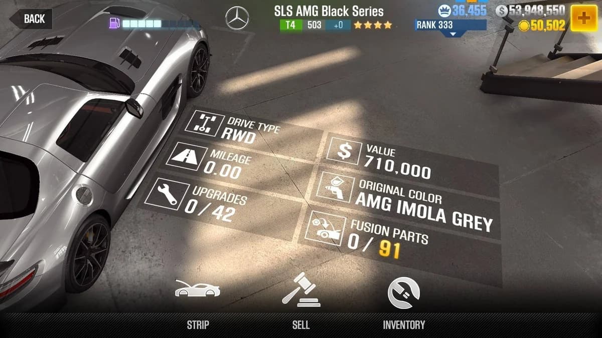 Mercedes-Benz SLS AMG Black Series CSR2 fusion parts and upgrade breakdown, tier 4 gold star car